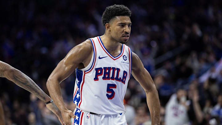 Feb 22, 2025; Philadelphia, Pennsylvania, USA; Philadelphia 76ers guard Quentin Grimes (5) reacts after scoring against the Brooklyn Nets during the fourth quarter at Wells Fargo Center. Mandatory Credit: Bill Streicher-Imagn Images