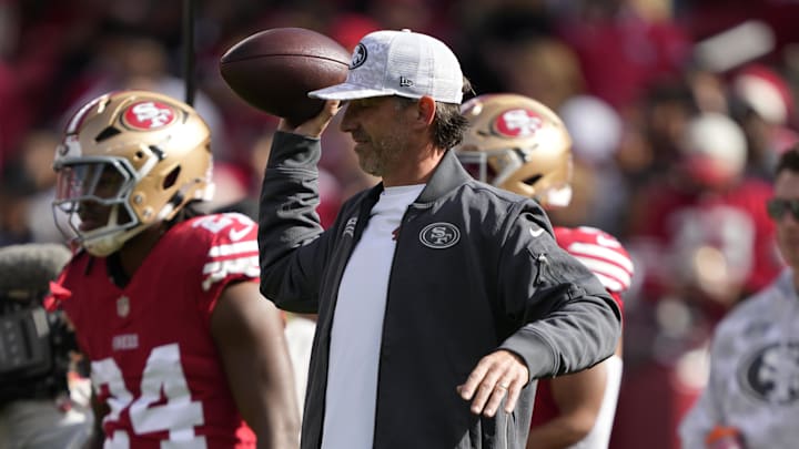 November 17, 2024; Santa Clara, California, USA; San Francisco 49ers head coach Kyle Shanahan watches warm ups before the game against the Seattle Seahawks at Levi's Stadium. Mandatory Credit: Kyle Terada-Imagn Images