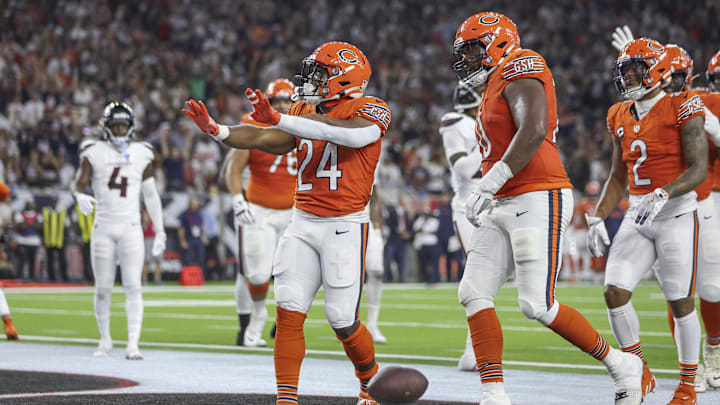 Sep 15, 2024; Houston, Texas, USA; Chicago Bears running back Khalil Herbert (24) celebrates after a touchdown during the second quarter against the Houston Texans at NRG Stadium. Mandatory Credit: Troy Taormina-Imagn Images