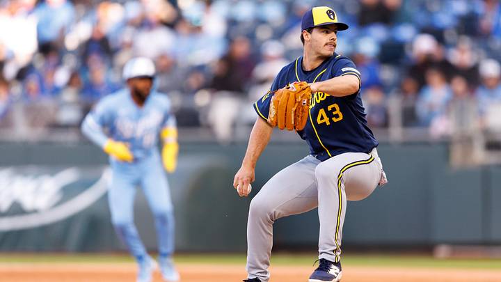 Apr 4, 2026; Kansas City, Missouri, USA; Milwaukee Brewers pitcher Logan Henderson (43) pitches during the first inning against the Kansas City Royals at Kauffman Stadium. Mandatory Credit: William Purnell-Imagn Images Apr 4, 2026; Kansas City, Missouri, USA; Milwaukee Brewers pitcher Logan Henderson (43) pitches during the first inning against the Kansas City Royals at Kauffman Stadium. Mandatory Credit: William Purnell-Imagn Images
