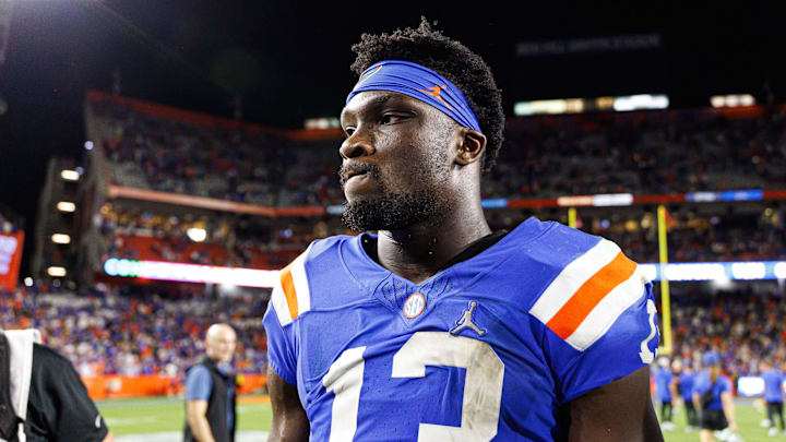 Florida Gators running back Jadan Baugh looks on after a game against the Mississippi State Bulldogs at Ben Hill Griffin Stadium.