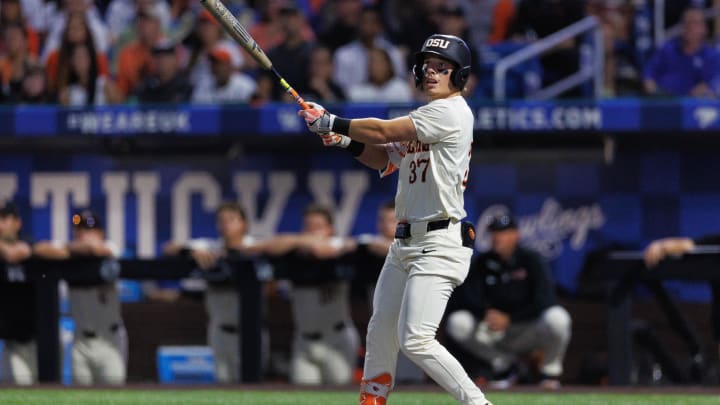 Jun 9, 2024; Lexington, KY, USA; Oregon State Beavers infielder Travis Bazzana (37) hits a foul ball during the first inning against the Kentucky Wildcats at Kentucky Proud Park. Mandatory Credit: Jordan Prather-USA TODAY Sports Jun 9, 2024; Lexington, KY, USA; Oregon State Beavers infielder Travis Bazzana (37) hits a foul ball during the first inning against the Kentucky Wildcats at Kentucky Proud Park. Mandatory Credit: Jordan Prather-USA TODAY Sports