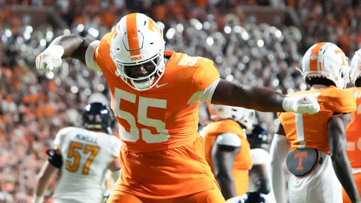 Tennessee defensive lineman Omarr Norman-Lott (55) celebrating after a play during the NCAA college football game against Kent State on Saturday, Sept. 14, 2024 in Knoxville, Tenn. Tennessee defensive lineman Omarr Norman-Lott (55) celebrating after a play during the NCAA college football game against Kent State on Saturday, Sept. 14, 2024 in Knoxville, Tenn.