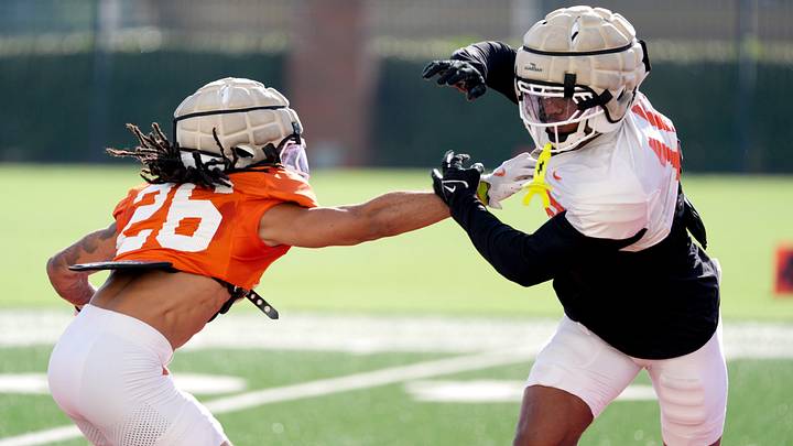 Oklahoma State players work out against one another during a practice.