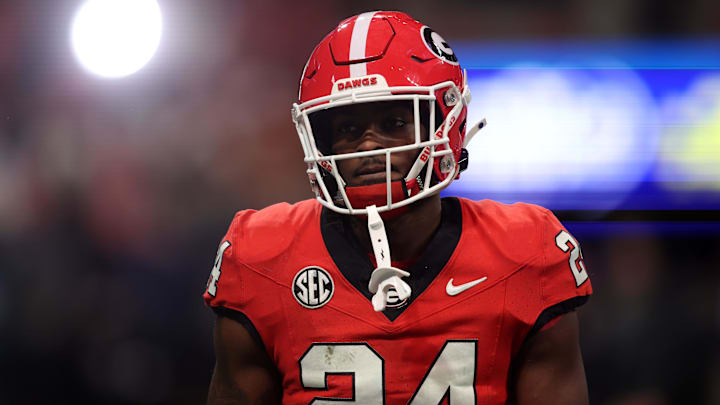 Dec 7, 2024; Atlanta, GA, USA; Georgia Bulldogs defensive back Malaki Starks (24) practices before the 2024 SEC Championship game at Mercedes-Benz Stadium. Mandatory Credit: Brett Davis-Imagn Images