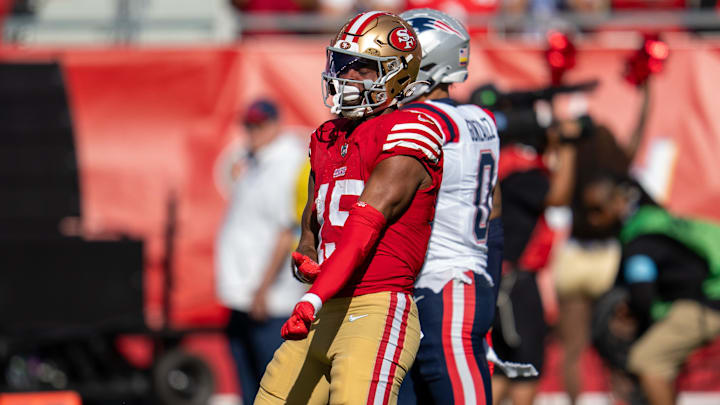 Sep 29, 2024; Santa Clara, California, USA; San Francisco 49ers wide receiver Jauan Jennings (15) celebrates after the catch against the New England Patriots during the fourth quarter at Levi's Stadium. Mandatory Credit: Neville E. Guard-Imagn Images