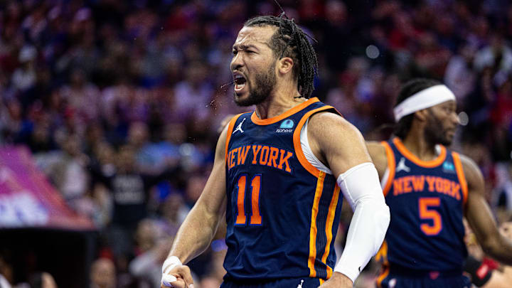 Apr 28, 2024; Philadelphia, Pennsylvania, USA; New York Knicks guard Jalen Brunson (11) reacts after