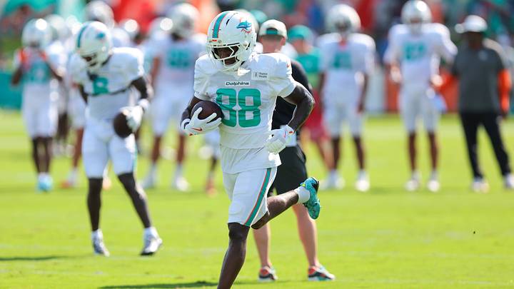 Miami Dolphins wide receiver AJ Henning (88) runs with the football during joint practice with the New York Giants at the Baptist Health Training Complex. Miami Dolphins wide receiver AJ Henning (88) runs with the football during joint practice with the New York Giants at the Baptist Health Training Complex.
