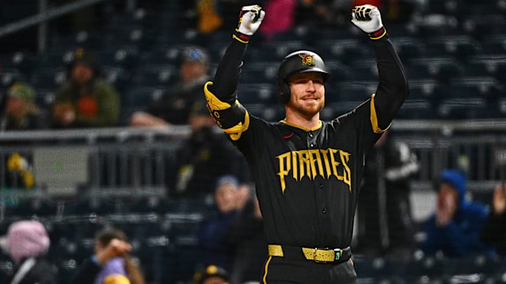 May 1, 2026; Pittsburgh, Pennsylvania, USA; Pittsburgh Pirates right fielder Ryan O'Hearn (29) reacts after hitting an RBI single against the Cincinnati Reds during the third inning at PNC Park. Mandatory Credit: Justin Berl-Imagn Images