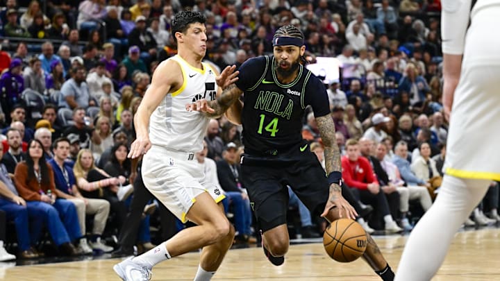 Nov 25, 2023; Salt Lake City, Utah, USA; New Orleans Pelicans forward Brandon Ingram (14) drives