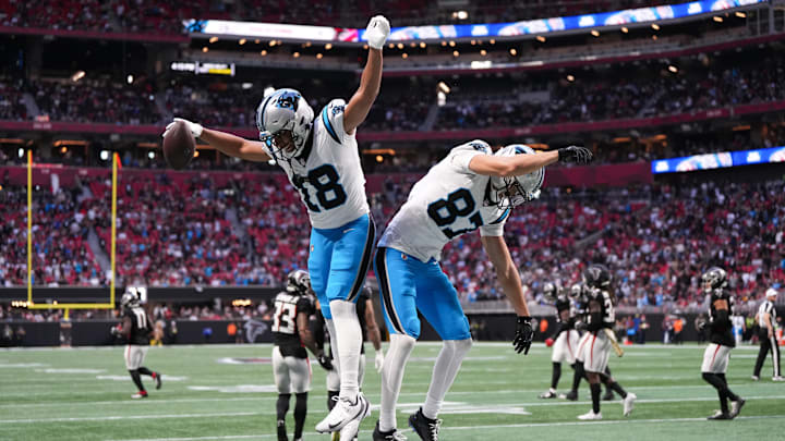 Nov 16, 2025; Atlanta, Georgia, USA; Carolina Panthers wide receiver Jalen Coker (18) celebrates a two point conversion in the fourth quarter against the Atlanta Falcons at Mercedes-Benz Stadium. Mandatory Credit: Dale Zanine-Imagn Images Nov 16, 2025; Atlanta, Georgia, USA; Carolina Panthers wide receiver Jalen Coker (18) celebrates a two point conversion in the fourth quarter against the Atlanta Falcons at Mercedes-Benz Stadium. Mandatory Credit: Dale Zanine-Imagn Images