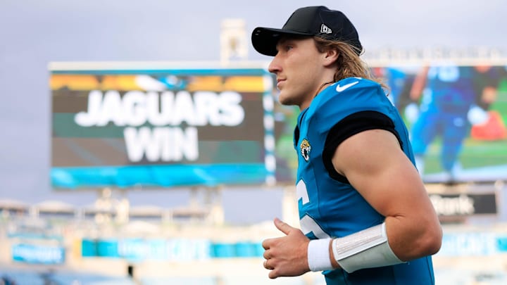 Jacksonville Jaguars quarterback Trevor Lawrence (16) runs off the field after the game of an NFL football matchup at EverBank Stadium, Sunday, Dec. 14, 2025, in Jacksonville, Fla. The Jaguars defeated the Jets 48-20. [Corey Perrine/Florida Times-Union]