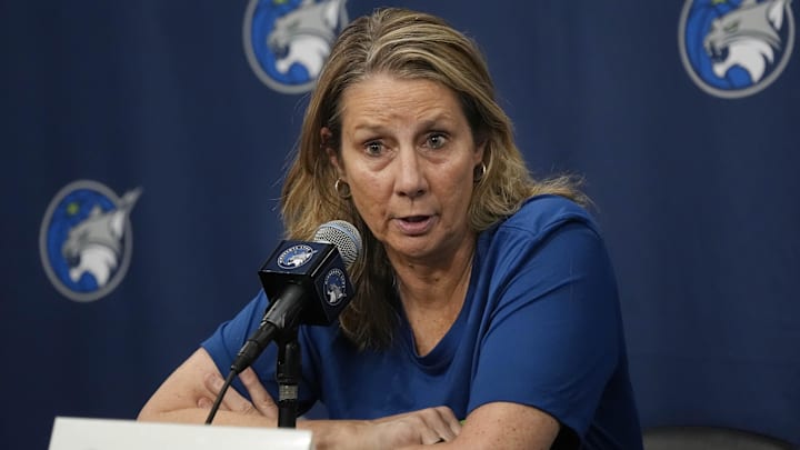 Jul 27, 2025; Minneapolis, Minnesota, USA; Minnesota Lynx head coach Cheryl Reeve talks with the media before the game against the Atlanta Dream at Target Center. Mandatory Credit: Bruce Kluckhohn-Imagn Images