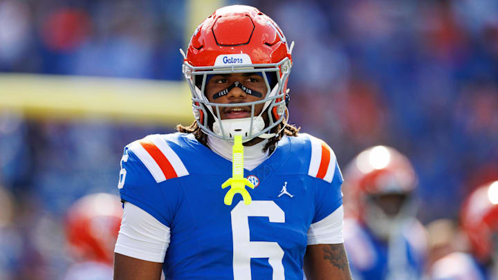 Oct 18, 2025; Gainesville, Florida, USA; Florida Gators wide receiver Dallas Wilson (6) looks on before a game against the Mississippi State Bulldogs at Ben Hill Griffin Stadium. Mandatory Credit: Matt Pendleton-Imagn Images