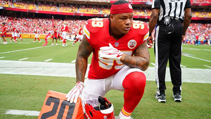 Aug 15, 2026; Kansas City, Missouri, USA; Kansas City Chiefs defensive tackle Peter Woods (99) kneels on field against the Los Angeles Rams prior to the pre season at Arrowhead Stadium. Mandatory Credit: Denny Medley-Imagn Images Aug 15, 2026; Kansas City, Missouri, USA; Kansas City Chiefs defensive tackle Peter Woods (99) kneels on field against the Los Angeles Rams prior to the pre season at Arrowhead Stadium. Mandatory Credit: Denny Medley-Imagn Images