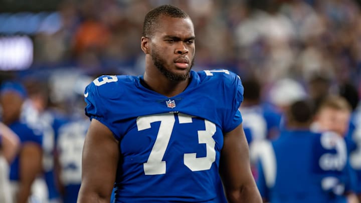 Aug 21, 2022; East Rutherford, New Jersey, USA; New York Giants offensive lineman Evan Neal (73) during the second half against the Cincinnati Bengals at MetLife Stadium. Mandatory Credit: John Jones-Imagn Images
