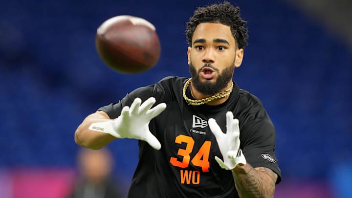 Feb 28, 2026; Indianapolis, IN, USA; Indiana wideout Elijah Sarratt (WO34) during the NFL Scouting Combine at Lucas Oil Stadium. Feb 28, 2026; Indianapolis, IN, USA; Indiana wideout Elijah Sarratt (WO34) during the NFL Scouting Combine at Lucas Oil Stadium.