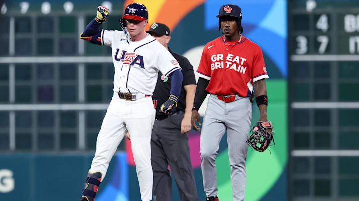 Mar 7, 2026; Houston, TX, United States; United States center fielder Pete Crow-Armstrong (4) celebrates after hitting a double against Great Britain during the fifth inning at Daikin Park. Mandatory Credit: Troy Taormina-Imagn Images