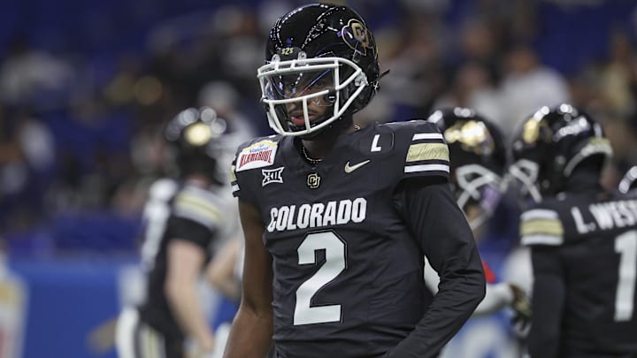 Dec 28, 2024; San Antonio, TX, USA; Colorado Buffaloes quarterback Shedeur Sanders (2) warms up before the game against the Brigham Young Cougars at Alamodome. Mandatory Credit: Troy Taormina-Imagn Images