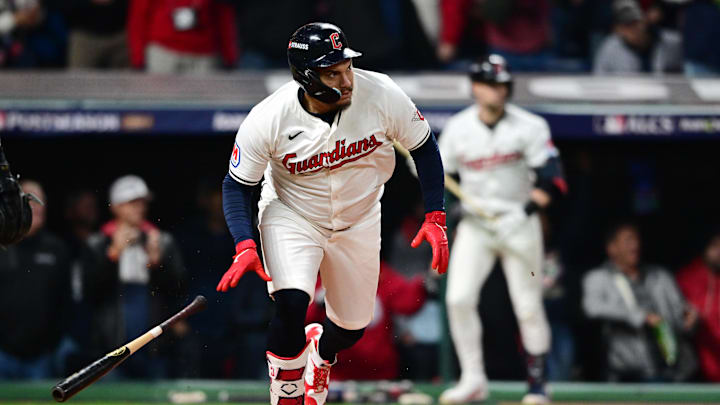 Oct 18, 2024; Cleveland, Ohio, USA; Cleveland Guardians first baseman Josh Naylor (22) hits a two RBI double in the seventh inning against the New York Yankees during game four of the ALCS for the 2024 MLB playoffs at Progressive Field. Mandatory Credit: David Dermer-Imagn Images
