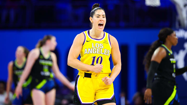 Jun 6, 2025; Arlington, Texas, USA;  Los Angeles Sparks guard Kelsey Plum (10) reacts against the Dallas Wings during the second half at College Park Center. Mandatory Credit: Kevin Jairaj-Imagn Images