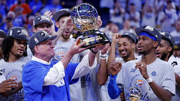May 28, 2025; Oklahoma City, Oklahoma, USA; Oklahoma City Thunder chairman Clay Bennett celebrates after his team beat the Minnesota Timberwolves in game five to win the western conference finals for the 2025 NBA Playoffs at Paycom Center. Mandatory Credit: Alonzo Adams-Imagn Images