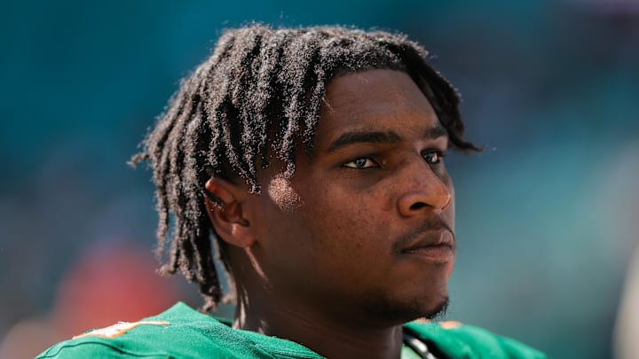 Nov 23, 2024; Miami Gardens, Florida, USA; Miami Hurricanes quarterback Cam Ward (1) looks on form the field before the game against the Wake Forest Demon Deacons at Hard Rock Stadium. Mandatory Credit: Sam Navarro-Imagn Images
