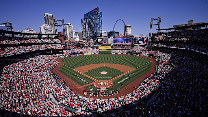 Mar 26, 2026; St. Louis, Missouri, USA; A general view as the Budweiser Clydesdales trot around the field before an opening day game between the St. Louis Cardinals and the Tampa Bay Rays at Busch Stadium. Mandatory Credit: Jeff Curry-Imagn Images