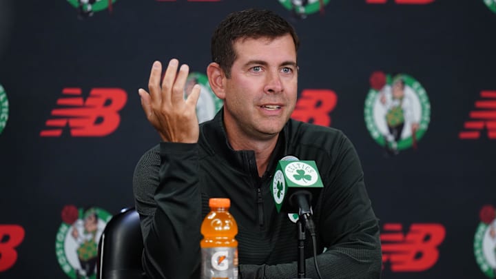 Sep 29, 2025; Boston, MA, USA; Boston Celtics president of basketball operations Brad Stevens talks to reporters during media day at the Auerbach Center. Mandatory Credit: David Butler II-Imagn Images