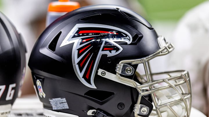Detailed view of the Atlanta Falcons helmet against the New Orleans Saints during the second half at Caesars Superdome.