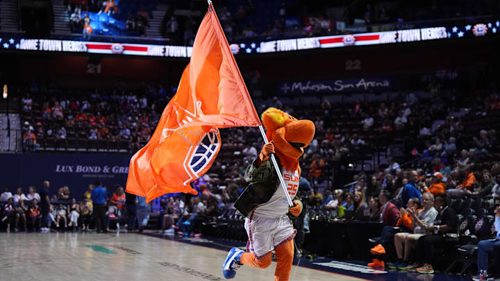 Jul 6, 2025; Uncasville, Connecticut, USA; The Connecticut Sun mascot on the court before the start of the game against the Las Vegas Aces at Mohegan Sun Arena.