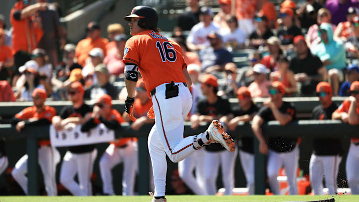 Feb 28, 2026; Sarasota, Florida, USA; Baltimore Orioles infielder Coby Mayo (16) hits a sacrifice RBI during the second inning against the Atlanta Braves  at Ed Smith Stadium. Mandatory Credit: Kim Klement Neitzel-Imagn Images