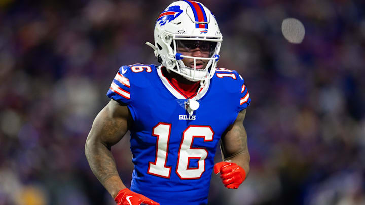 Jan 21, 2024; Orchard Park, New York, USA; Buffalo Bills wide receiver Trent Sherfield (16) against the Kansas City Chiefs in the 2024 AFC divisional round game at Highmark Stadium. Mandatory Credit: Mark J. Rebilas-Imagn Images