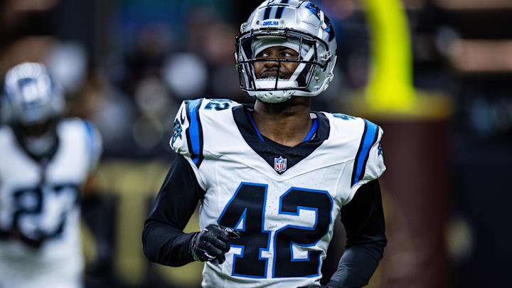 Dec 10, 2023; New Orleans, Louisiana, USA; Carolina Panthers safety Sam Franklin Jr. (42) looks on against the New Orleans Saints during the second half at the Caesars Superdome. Mandatory Credit: Stephen Lew-Imagn Images Dec 10, 2023; New Orleans, Louisiana, USA; Carolina Panthers safety Sam Franklin Jr. (42) looks on against the New Orleans Saints during the second half at the Caesars Superdome. Mandatory Credit: Stephen Lew-Imagn Images