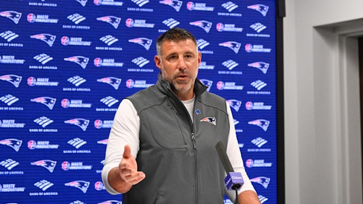 May 9, 2025; Foxborough, MA, USA;  New England Patriots head coach Mike Vrabel speaks the to media during a press conference at Gillette Stadium. Mandatory Credit: Eric Canha-Imagn Images
