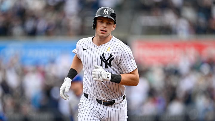 Sep 7, 2025; Bronx, New York, USA; New York Yankees first baseman Ben Rice (22) runs the bases during his homerun against the Toronto Blue Jays in the first inning at Yankee Stadium. Mandatory Credit: Mark Smith-Imagn Images