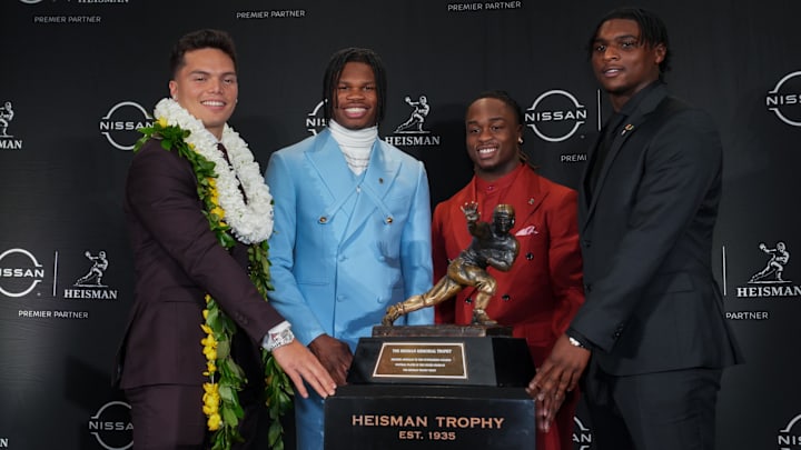 From left, Heisman Trophy finalists Dillon Gabriel, Travis Hunter, Ashton Jeanty and Cam Ward.