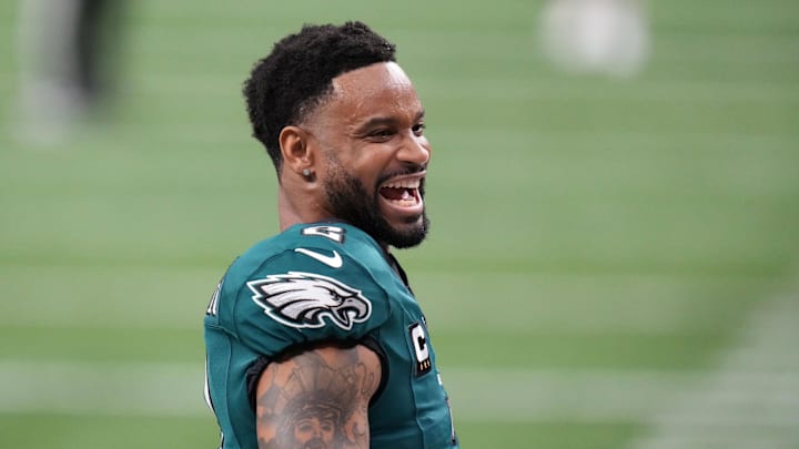 Feb 9, 2025; New Orleans, LA, USA; Philadelphia Eagles cornerback Darius Slay Jr. (2) takes the field before Super Bowl LIX against the Kansas City Chiefs at Caesars Superdome. Mandatory Credit: Kirby Lee-Imagn Images