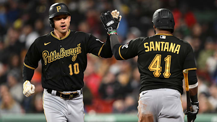Apr 3, 2023; Boston, Massachusetts, USA; Pittsburgh Pirates left fielder Bryan Reynolds (10)