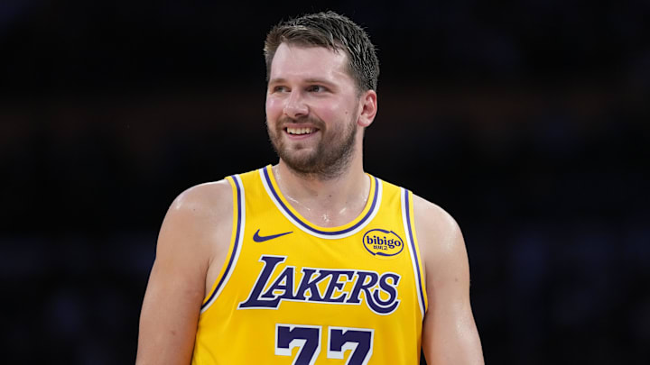 Mar 6, 2026; Los Angeles, California, USA; Los Angeles Lakers guard Luka Doncic (77) reacts against the Indiana Pacers in the first half at Crypto.com Arena. Mandatory Credit: Kirby Lee-Imagn Images
