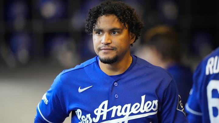 May 23, 2026; Milwaukee, Wisconsin, USA;  Los Angeles Dodgers third baseman Santiago Espinal (21) prior to the game against the Milwaukee Brewers at American Family Field. Mandatory Credit: Jeff Hanisch-Imagn Images