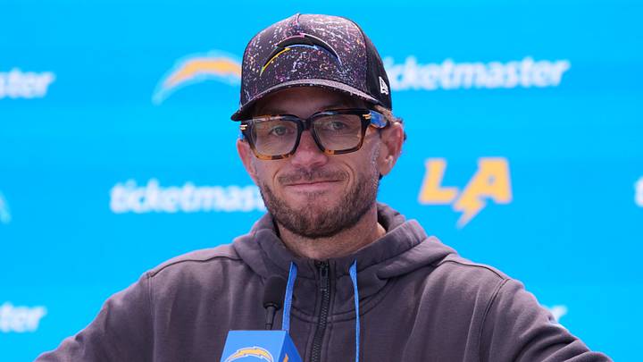 Jul 31, 2026; El Segundo, CA, USA; Los Angeles Chargers offensive coordinator Mike McDaniel during training camp press conference at The Bolt. Mandatory Credit: Kirby Lee-Imagn Images