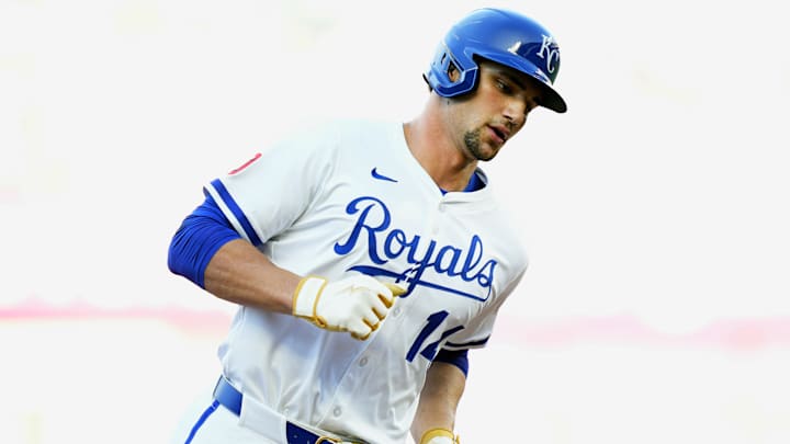 Jul 8, 2025; Kansas City, Missouri, USA; Kansas City Royals right fielder Jac Caglianone (14) rounds the bases after hitting a home run during the second inning against the Pittsburgh Pirates at Kauffman Stadium. Mandatory Credit: Jay Biggerstaff-Imagn Images Jul 8, 2025; Kansas City, Missouri, USA; Kansas City Royals right fielder Jac Caglianone (14) rounds the bases after hitting a home run during the second inning against the Pittsburgh Pirates at Kauffman Stadium. Mandatory Credit: Jay Biggerstaff-Imagn Images
