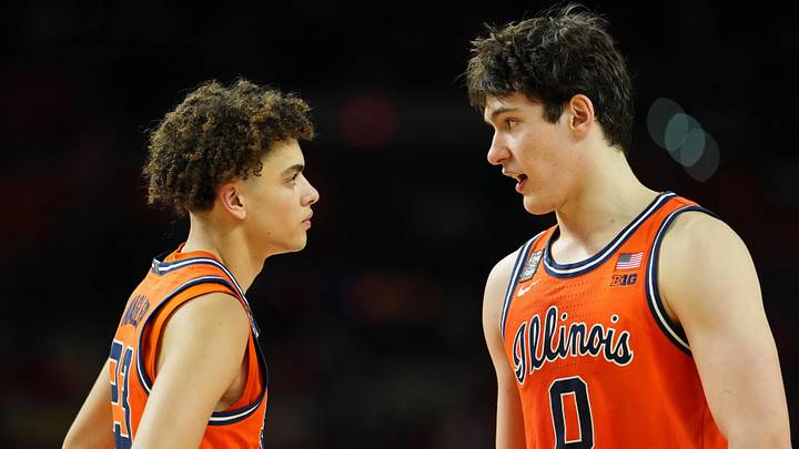 Apr 4, 2026; Indianapolis, IN, USA; Illinois Fighting Illini guard Keaton Wagler (23) talks with forward David Mirkovic (0) during the second half of a semifinal of the Final Four of the men's 2026 NCAA Tournament at Lucas Oil Stadium. Mandatory Credit: Bob Donnan-Imagn Images