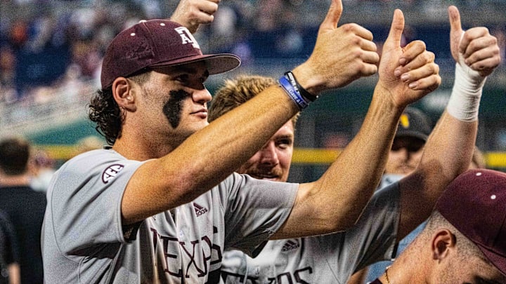 Texas A&M Aggies right fielder Jace Laviolette (17) and designated hitter Hayden Schott (5) celebrate after defeating the Kentucky Wildcats at Charles Schwab Field Omaha