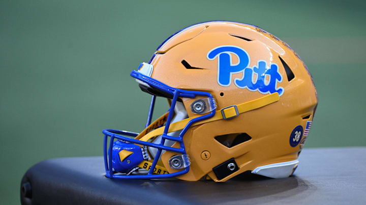 Sep 14, 2024; Pittsburgh, Pennsylvania, USA; A Pittsburgh Panthers helmet sits on a training table  against the West Virginia Mountaineers during the fourth quarter at Acrisure Stadium. Mandatory Credit: Barry Reeger-Imagn Images