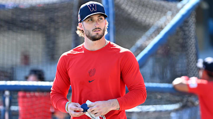 Mar 14, 2025; North Port, Florida, USA; Washington Nationals right fielder Dylan Crews (3) warms up before the start of the game against the Atlanta Braves during spring training at CoolToday Park. Mar 14, 2025; North Port, Florida, USA; Washington Nationals right fielder Dylan Crews (3) warms up before the start of the game against the Atlanta Braves during spring training at CoolToday Park.