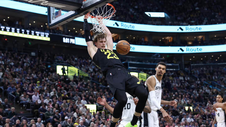 Mar 27, 2024; Salt Lake City, Utah, USA; Utah Jazz forward Lauri Markkanen (23) dunks the ball against the San Antonio Spurs during the second quarter at Delta Center. Mandatory Credit: Rob Gray-USA TODAY Sports