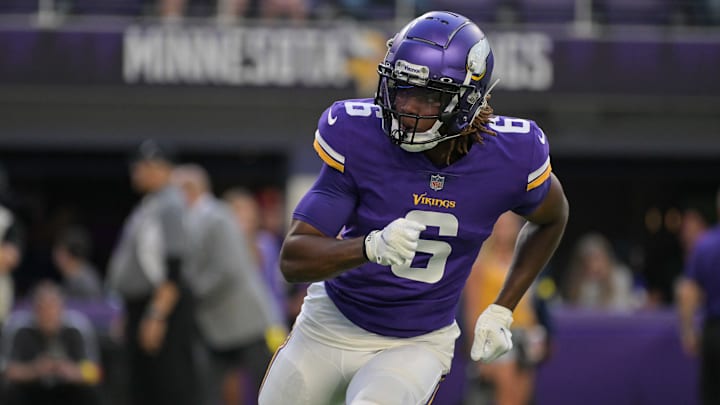 Aug 20, 2022; Minneapolis, Minnesota, USA; Minnesota Vikings safety Lewis Cine (6) warms up before the game against the San Francisco 49ers at U.S. Bank Stadium.