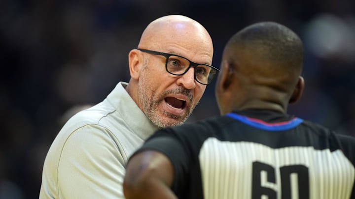 Dec 25, 2025; San Francisco, California, USA; Dallas Mavericks head coach Jason Kidd (left) talks with referee James Williams (60) during the second quarter against the Golden State Warriors at Chase Center. Mandatory Credit: Darren Yamashita-Imagn Images